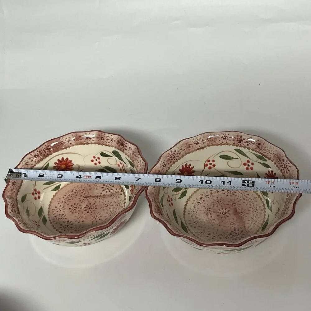 TEMP-TATIONS Heritage Red Old‎ World Floral Stoneware Soup BOWL SET